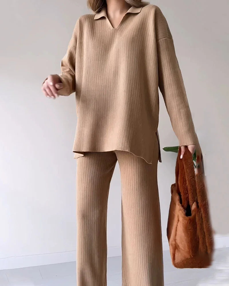 סט חליפה 2 חלקים חורפי בעיצוב קזואל - V neck