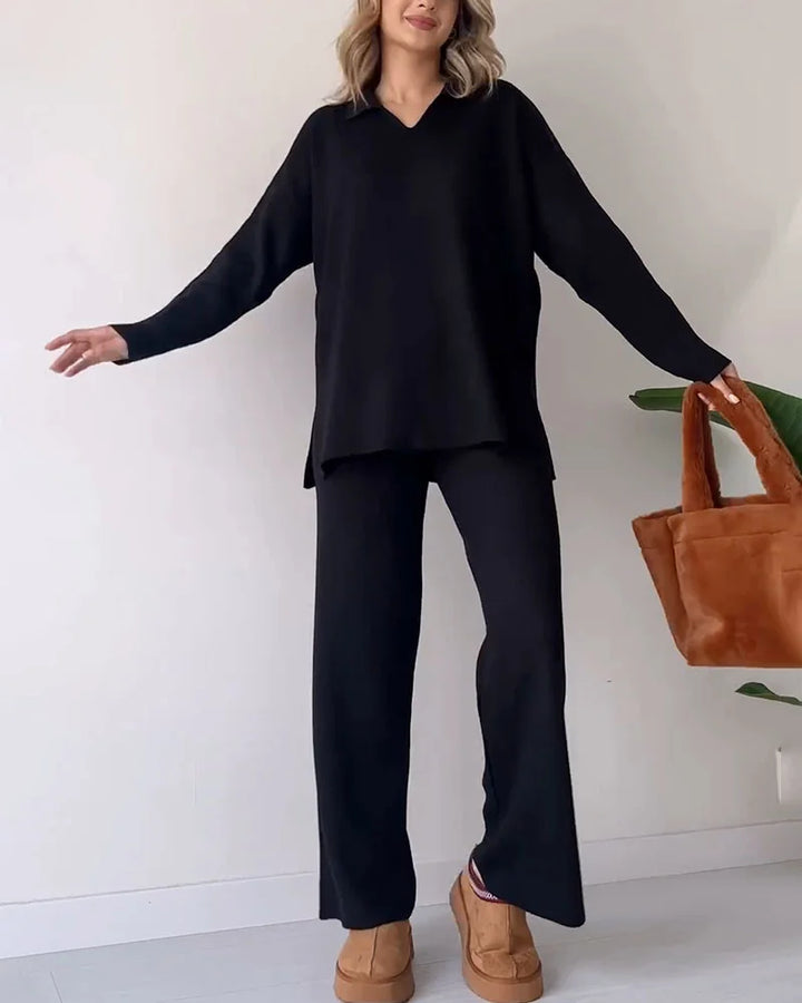 סט חליפה 2 חלקים חורפי בעיצוב קזואל - V neck
